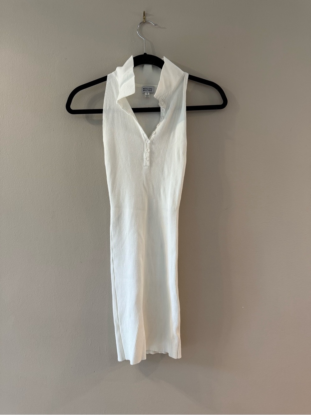 Beginning Boutique White Sleeveless Ribbed Polo Midi Dress